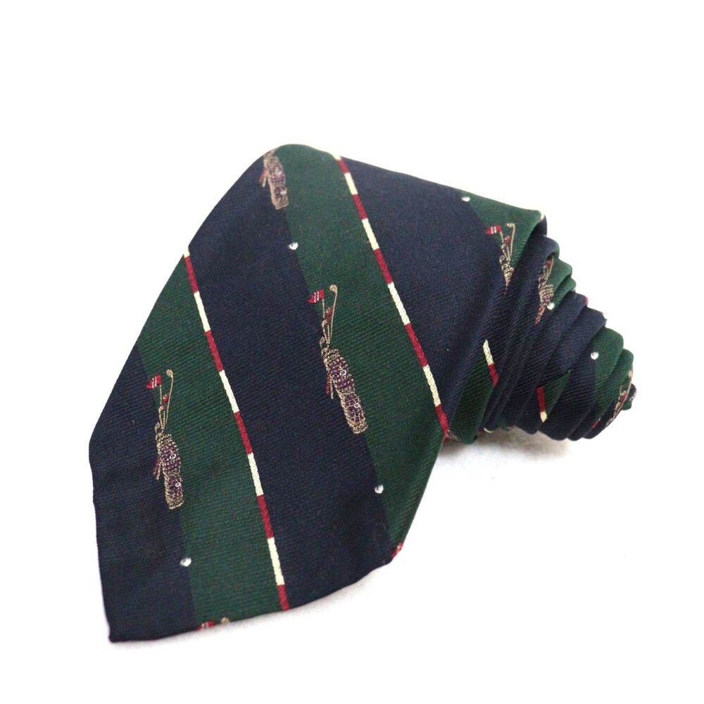 Polo Ralph Lauren Tie 100% Silk Golf Bag Club Green Blue Stripe USA 3.5"W x 56"L